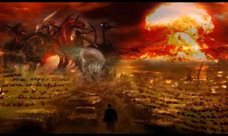 Four Horsemen depiction with apocalyptic backdrop