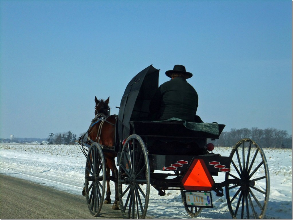 Amish buggy traveling a snow-packed road