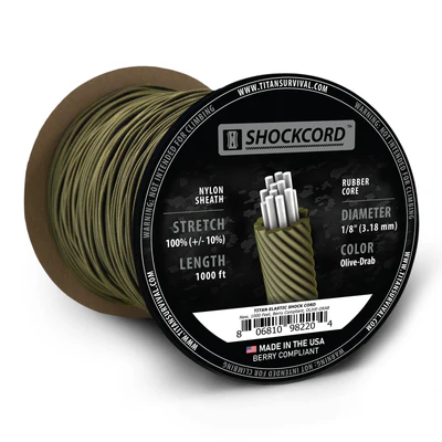 Olive drab shock cord spool for lashing and tarp anchoring