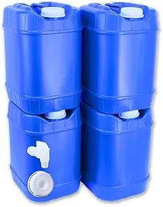 5-gallon stackable water storage containers with lids and spigot for emergency use