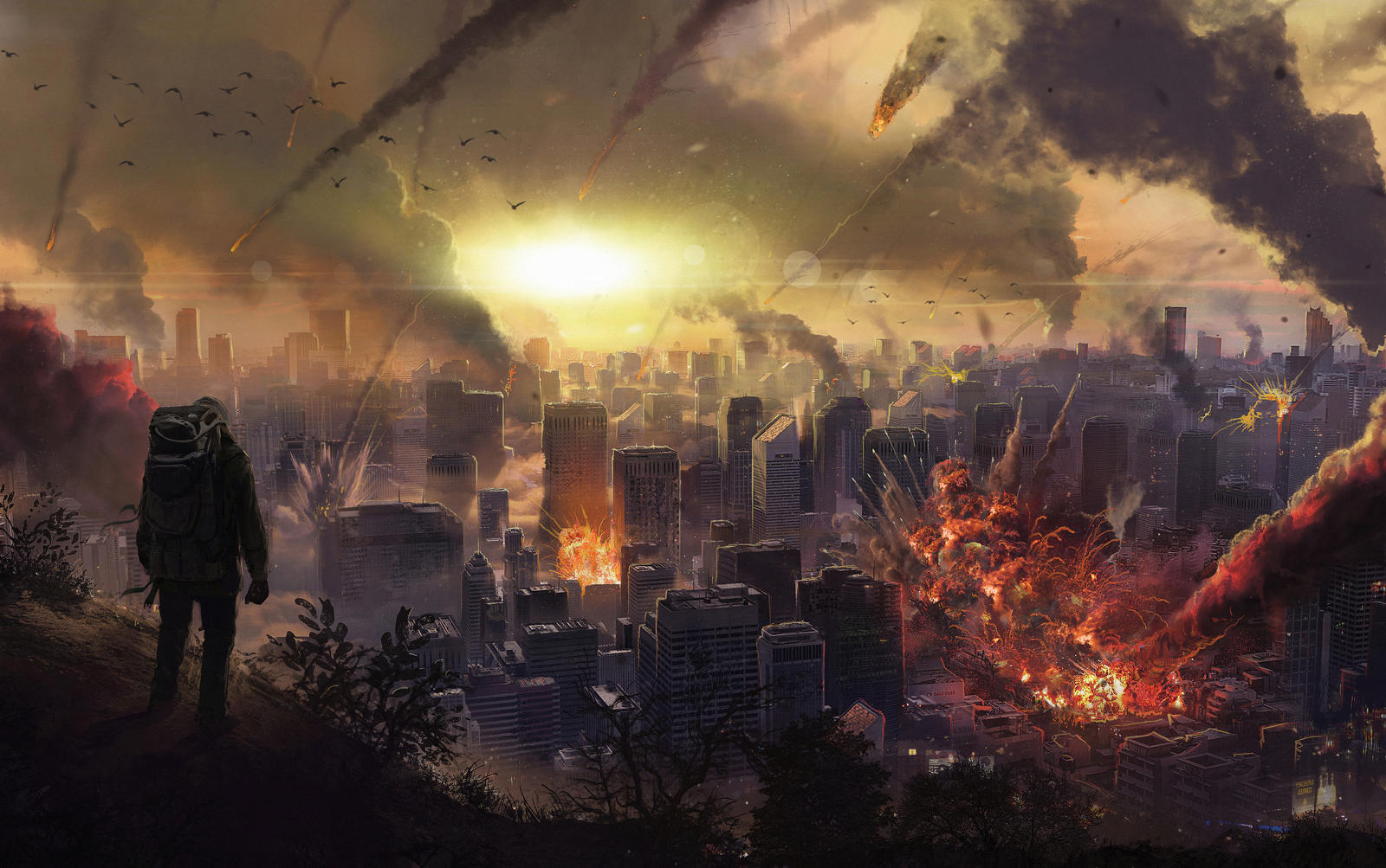 Meteor shower over burning city