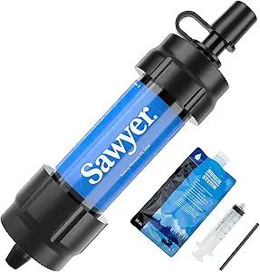 Sawyer MINI Water Filtration System kit with squeeze pouch and cleaning syringe