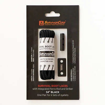 SurvivorCord boot-lace kit with micro ferro rod and striker
