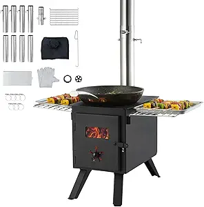 Portable wood tent stove with side racks and chimney kit