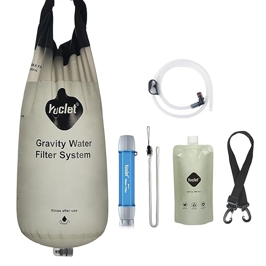 Yuclet Gravity Water Filter System with reservoir, inline filter, hose, and accessories
